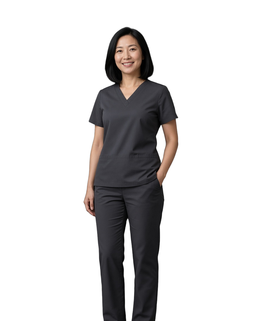 Healthcare professional in charcoal gray scrubs