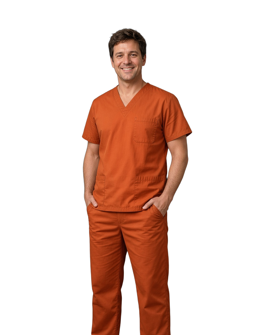Healthcare professional in rust orange scrubs
